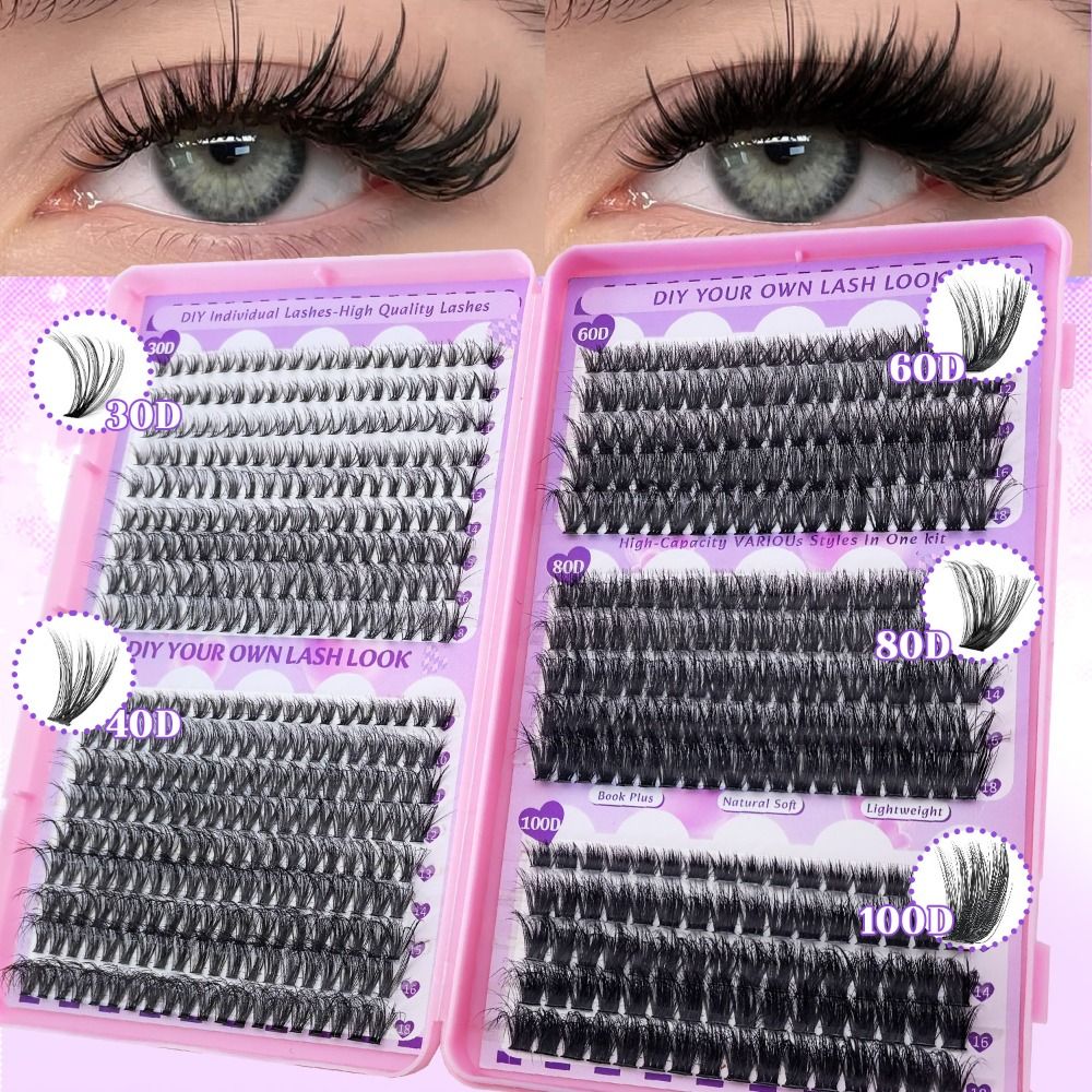 Eyelash Extension Wispy Look - 9-18mmの長さのつけまつげ、ボンド＆シールタイプ、ウィスピー風3Dフェイクミンクまつげクラスターデザイン、ナチュラルルックDIYまつげエクステキット
